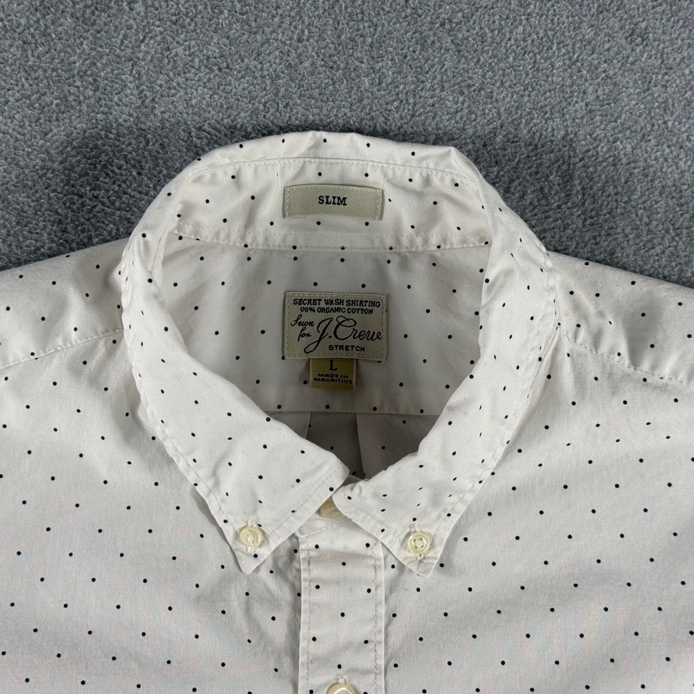 J.Crew Mens Secret Wash Slim Untucked Shirt White Polka Dot Stretch L